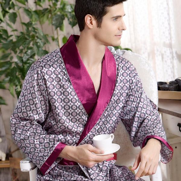 

men's sleepwear mens robes long sleeve nightgown bathrobe silk kimono home bath gown male printed geometric robes1, Black;brown