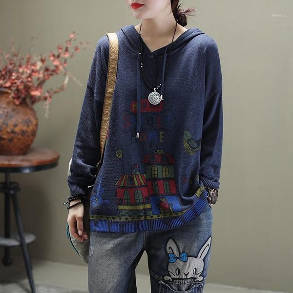 

2020 spring sweater retro women large size loose knitting all-match new hooded print pattern casual ladies sweater1, White;black