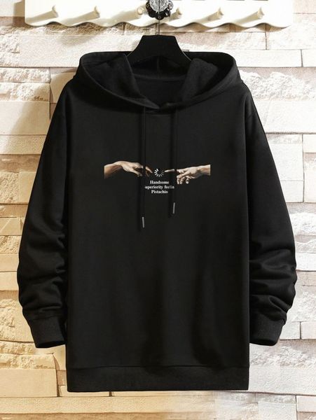 

men gesture & letter graphic drawstring hoodie 98ct#, Black