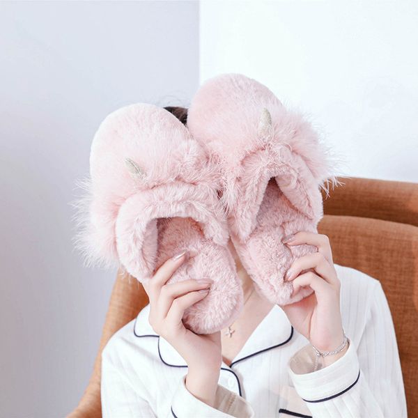 

winter house cute unicorn fur slippers for women slip on home bedroom flats ladies cozy shoes pink women fuzzy slides x1020, Black