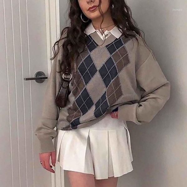 

2021 autumn winter new woman sweaters preppy style light brown v neck diamond knitted sweater casual loose long sleeved, White;black