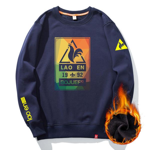 

french style rooster winter men's sweater loose plush crew neck pullover warm long sleeve sports print, Black