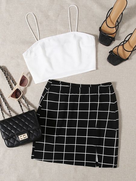 

solid cami & split hem grid skirt set 53ki#, White