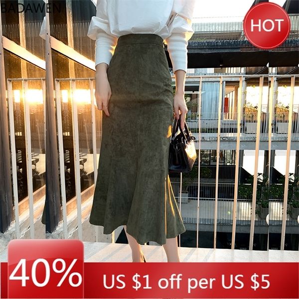 

2020 new fashion women long skirts vintage mermaid high waist solid color package hip slim tight fishtail office lady for winter q1209, Black