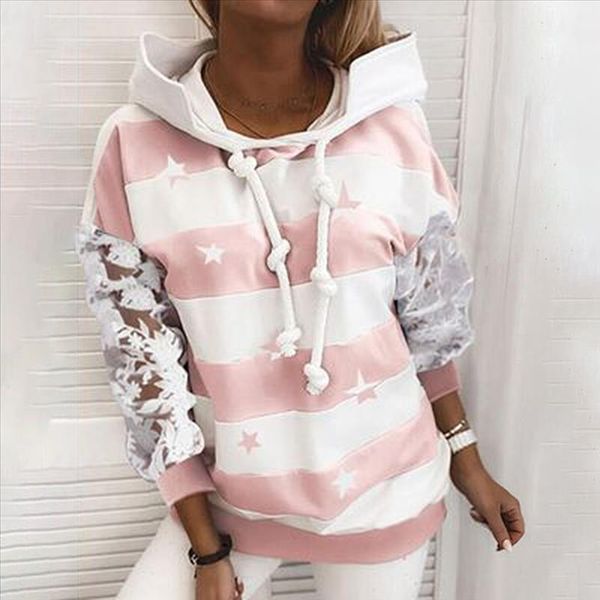 

women hoodie sweatshirt ladies star stripe lace stitching pullover female autumn winter oversize thin with pockets casual hoodie, Black