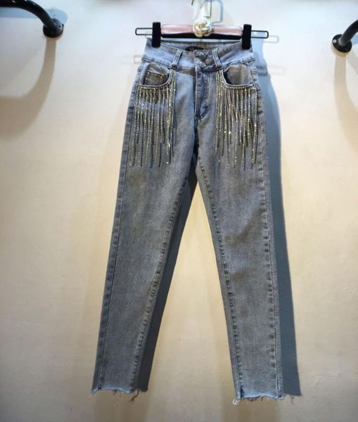 

spring summer new tassels beads high-waisted slim fit elasticity jeans women skinny pencil pants girls jeans lady trousers1, Blue