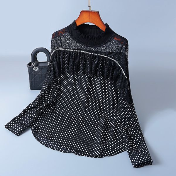 

2020 thin new bow wave ribbon printed dot female long sleeve silk shirt ig13, White