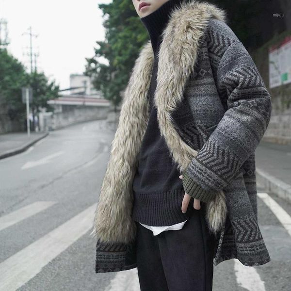 

winter man woolen overcoat windbreak thickening fur collar plaid lattice winter jacket vintage jacket men coats jackets1, Black