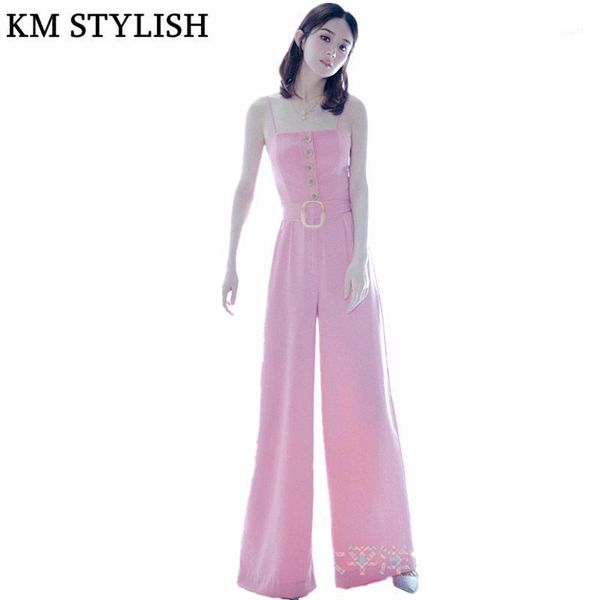 

women's jumpsuits & rompers 2021 pink slin waist strap wide leg trousers jumpsuit female1, Black;white