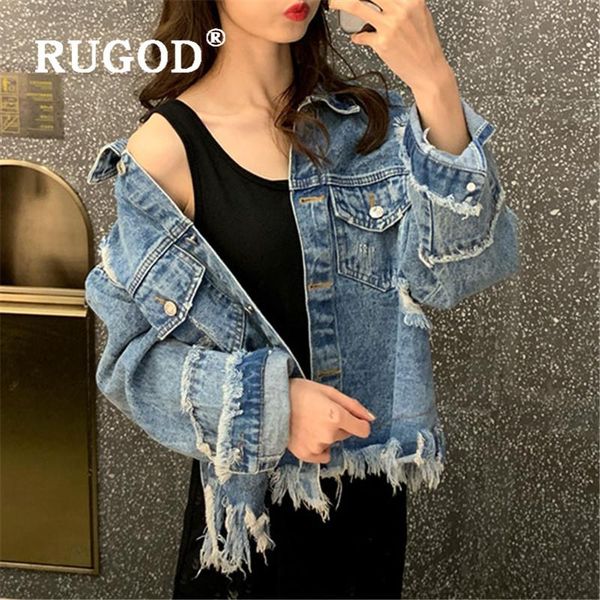 

women's jackets rugod 2021 women frayed tassel jean jacket korean chic temperament streetwear denim coat washed loose slim cowgirl, Black;brown