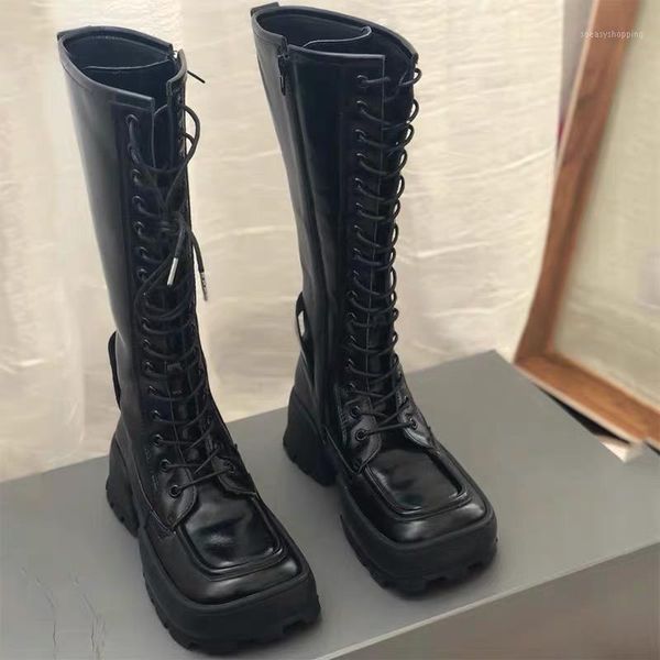 

women's black knee high boots square toe lace up knight casual shoes b2831