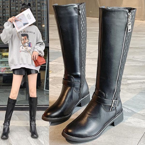 

boots plus size 35-53 nice knee high rain women autumn fashion zipper shoes woman square med heels female grid wild boot1, Black