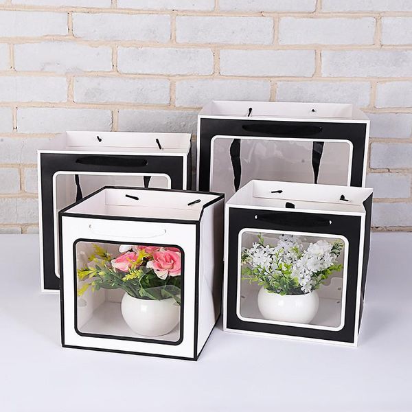 

new flower packaging boxes 12pcs suqare pvc open window gift bags with handles kraft paper gift bag wedding party supplies1