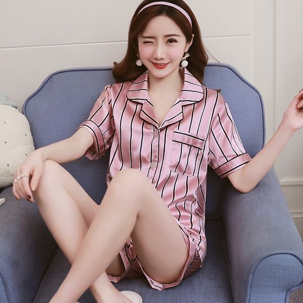 

stripe floral print short sleeve and shorts pyjamas women satin silk pajama sets cute cartoon sleepwear womens homewear t200701, Black;red