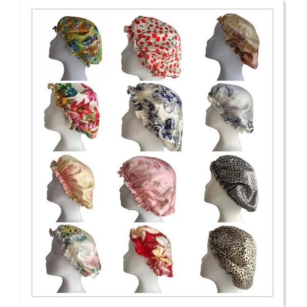 

beanie/skull caps 100% mulberry silk for sleep night cap hats bonnet beanie hat floral printed, Blue;gray