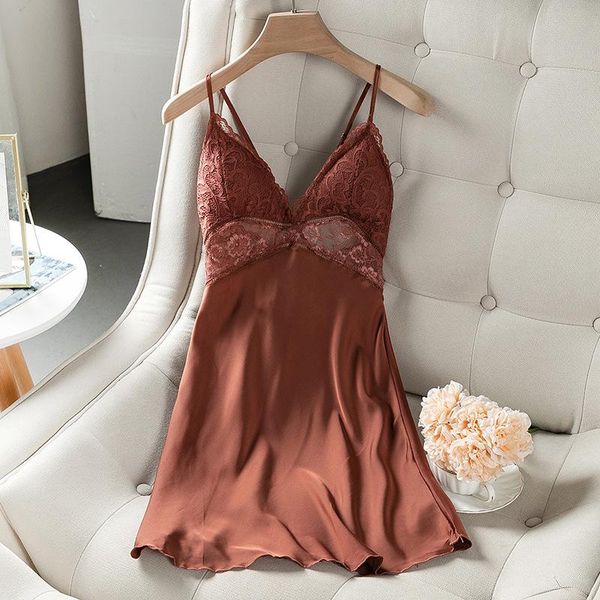 

women's sleepwear hollow out nightdress satin bathrobe women nightgown casual intimate lingerie short sleeveless home dressing gown, Black;red
