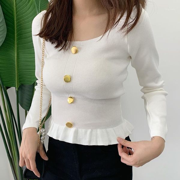 

solid square collar sweater shirt autumn sweet buttons cropped sweaters women full sleeve ruffles crop for girls1, White;black