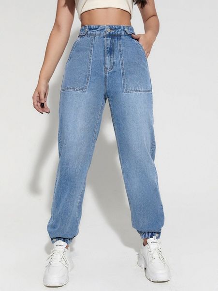 

high waist solid jogger jeans 31at#, Blue