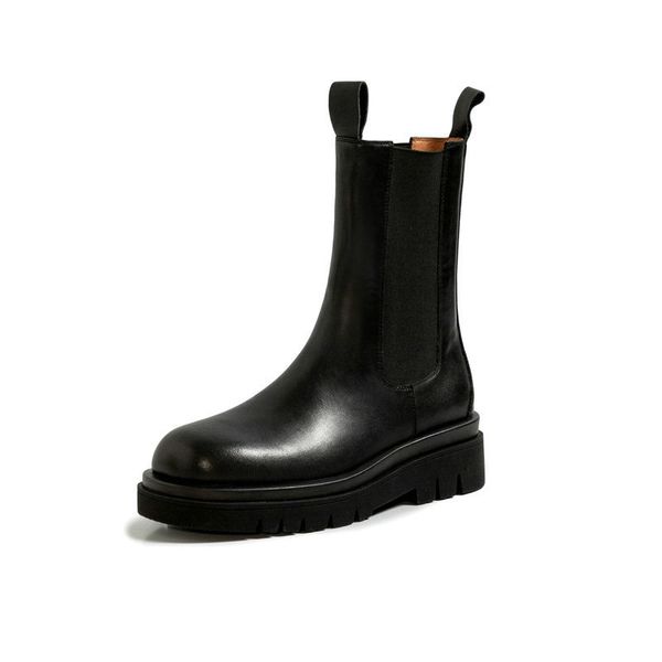 

2021 new vintage genuine leather autumn and winter for women round toe chunky heels working shoes woman 4is6, Black