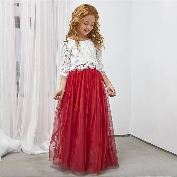 

clothing sets spring summer princess xmas outfits set for girls half sleeve lace long skirt wedding christmas clothes, White