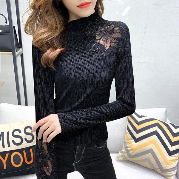 

transparent patchwork diamonds shiny tees woven t-shirt women 2020 new spring autumn ropa mujer bottoming shirt t01103, White