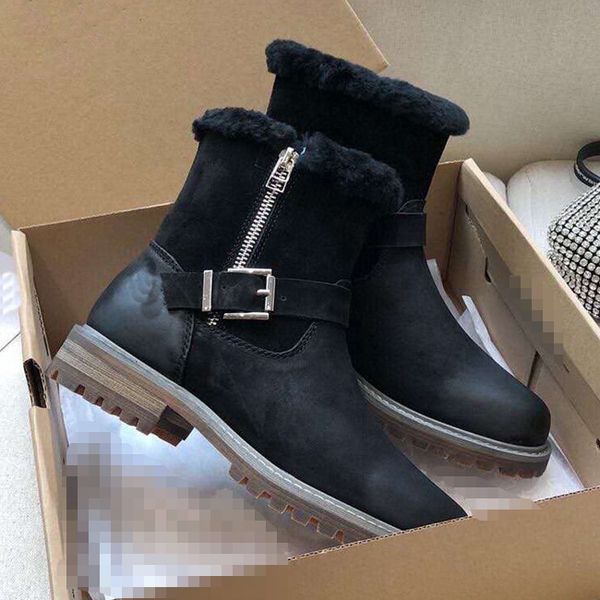 

2020 winter new leather side zipper belt buckle minimally low-heeled thick with non-slip wool short boots retro female, Black