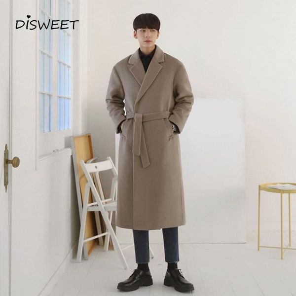 

solid lapel woolen coat male korean loose belt long coat men's winter warm slim jacket boy1, Black