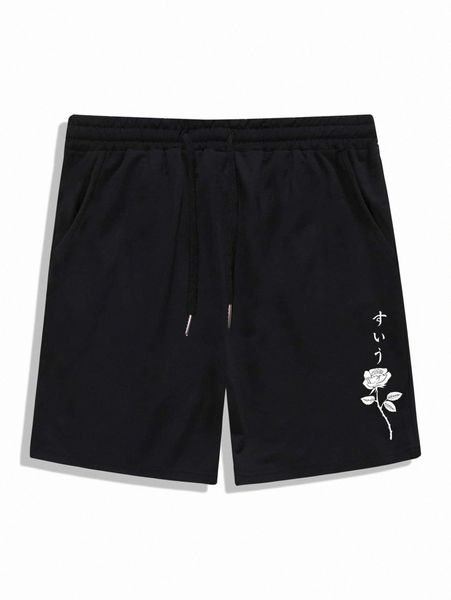 

romwe guys rose graphic drawstring shorts z5bc#, Black