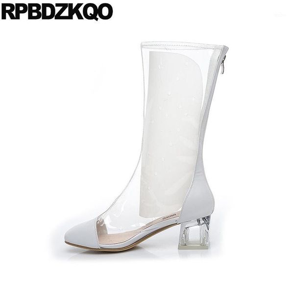 

new waterproof transparent autumn knee high casual square toe clear beige heel boots chunky shoes women pvc long1, Black