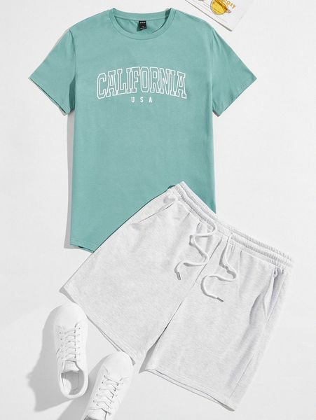 

men letter graphic tee and slant pocket track shorts set z8g4#, Gray