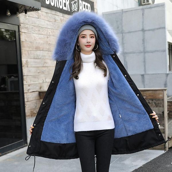 

women's down & parkas mokogoddess fashion warm cotton liner hooded parka coat 2021 winter jacket women adjustable wasit fur collar fema, Black
