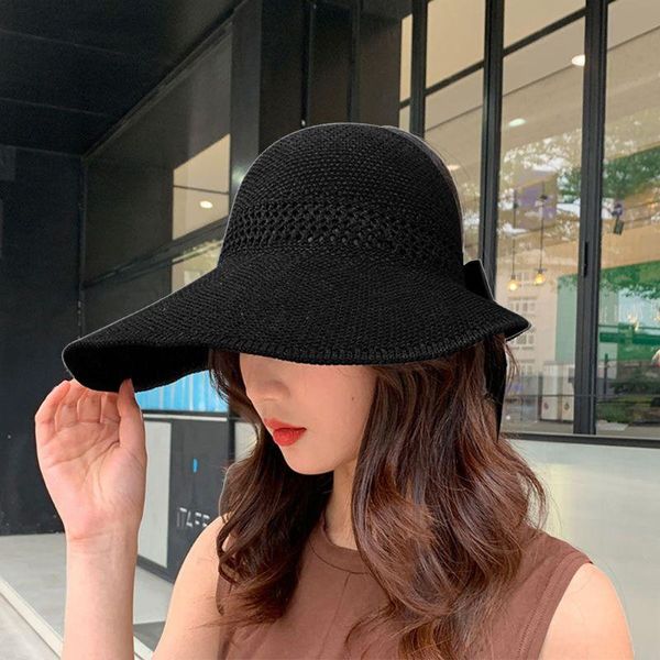 

women empty woven sun visor hat bowknot back wide brim foldable beach cap 28gd, Blue;gray