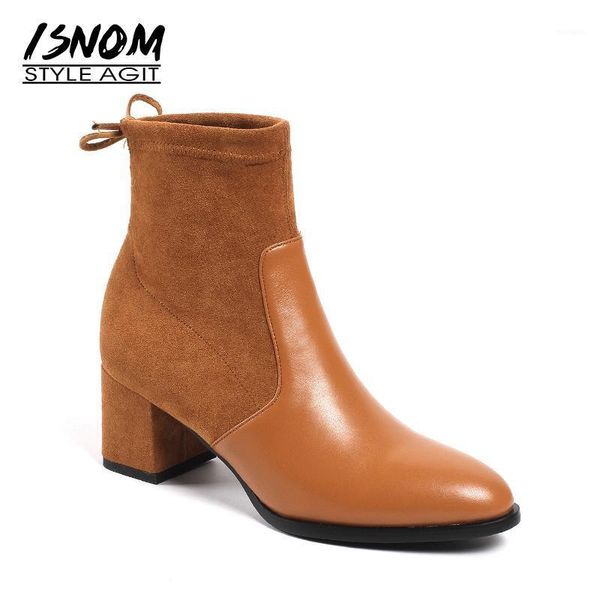 

boots isnom winter stretch women ankle round toe cross tied footwear high heels female boot cow leather shoes 2021 black1, Black