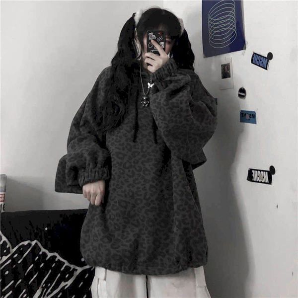 

women's hoodies & sweatshirts leopard print bat sleeve men women sweatshirt autumn winter korean version of harajuku ins fire dark styl, Black