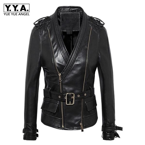 

women's leather & faux spring women sheepskin genuine jacket buckle belted slim fit punk ladies v neck coat plus size moto biker, Black