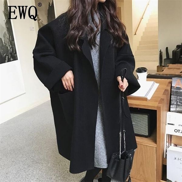

[ewq] autumn winter new pattern lapel long sleeve solid patchwork big pockets casual woolen coat large size women 3ak09601 201103, Black