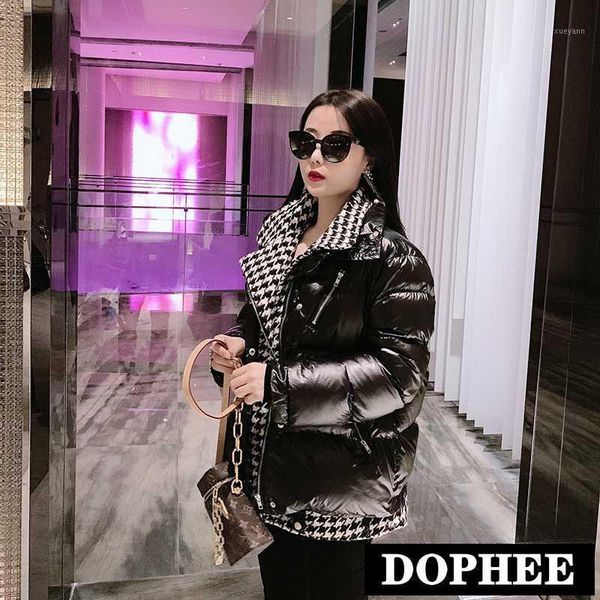 

europe 2020 winter new plaid woolen stitched fake two piece bright down cotton jacket suit coat women warm cotton padded jackets1, Black