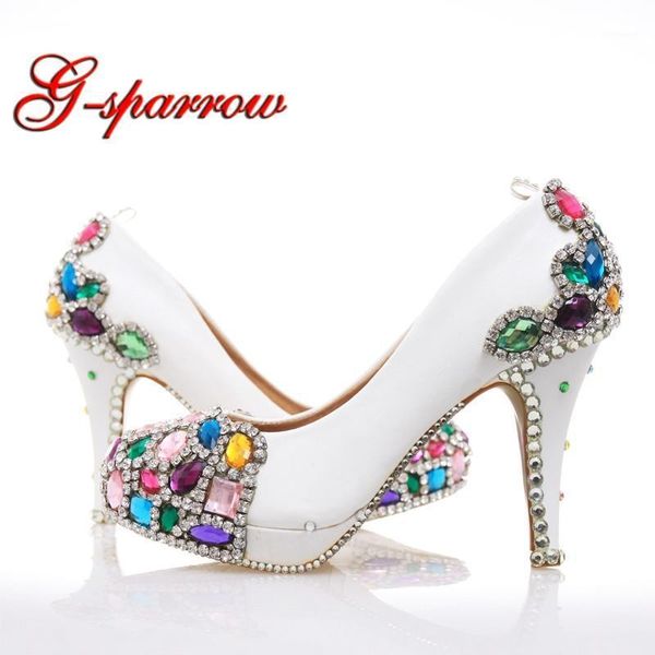 

white color wedding shoes with mix color crystal platform high heels performance show pumps ceremony shoes size 34-451, Black