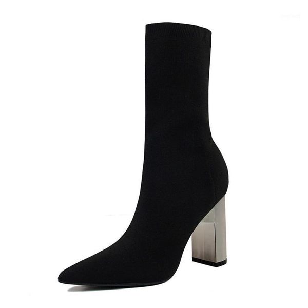

autumn new women's boots korean version of black high heeled popular thick heeled elastic wool socks short boots1
