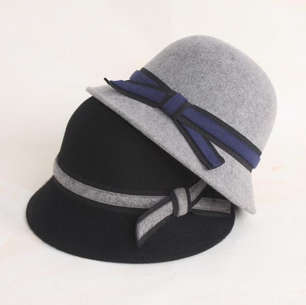 

100% wool warm stripe ribbon decoration bucket hat new beautiful cute cool fashion hats for women solid color hat, Blue;gray