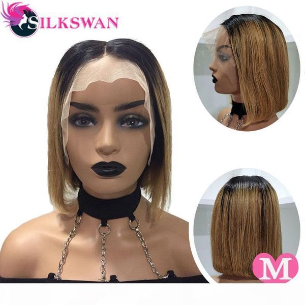 

silkswan hair straight #1b 27 & #1b short bob wigs middle part 13*4 lace front 150 density pre plucked brazilian human remy hair, Black;brown