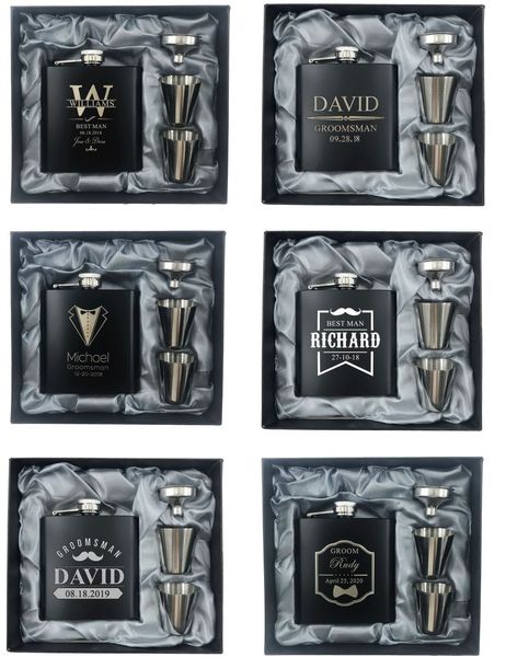 6 set personalizzato inciso 6 once fiaschetta in acciaio inox nero con scatola bomboniere regalo best man regalo sposo regalo groomsman T200111