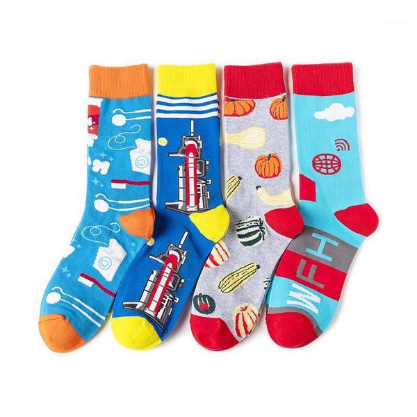 

men's personality fashionable socks cross border supply medium tube cotton socks version colorful text fruit1, Black