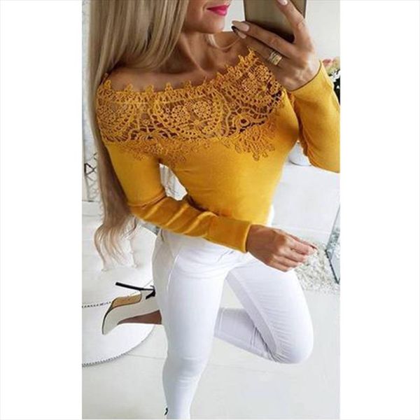 

fashion off shoulder women blouses long sleeve lace stitching womens shirts baisc ladies shirt tunique femme sj2267m, White