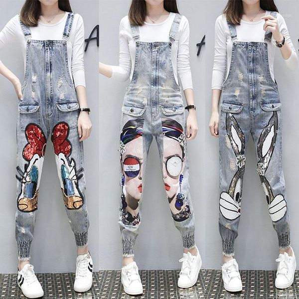 

denim overalls for women 2020 spring au-tumn cartoon character print hole women's jumpsuits loose casual denim pants bodysuit1, Black;white