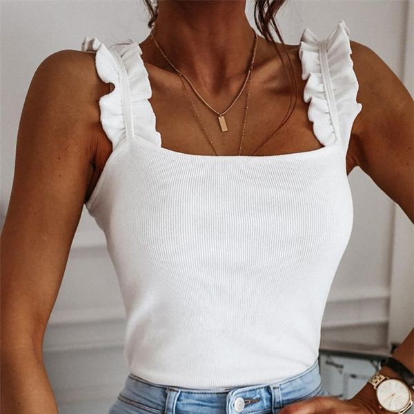 

women solid slim tank ladies ruffles strap tunic fashion vest summer camisole women casual sleeveless female blusas, White