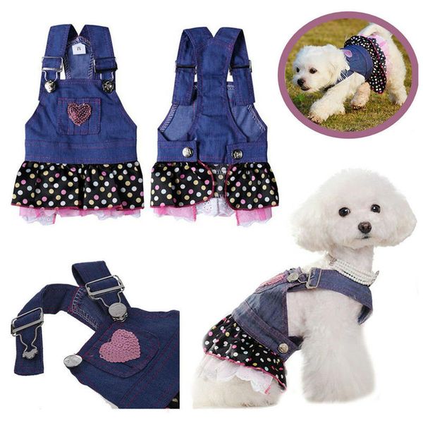 

lovely casual sweet cute canine dog denim jean dress clothes heart print pets puppy skirt apparel clothing dog supplies