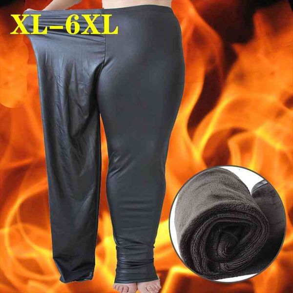 

plus size 5xl 6xl winter thicker leggings women christmas faux leather warm leggins high elastic skinny pants pencil trousers, Black