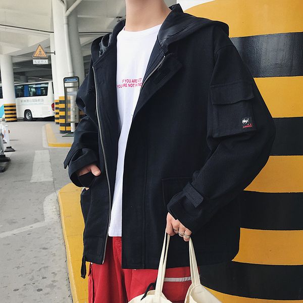 

2021 new privathinker autumn solid color big pockets korean casual jackets mens hooded windbreaker 93nz, Black;brown
