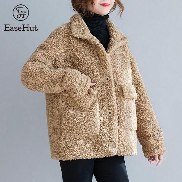 

easehut autumn winter faux fur coat women casual warm soft single button jacket plush overcoat pocket plus size female outwear, Black